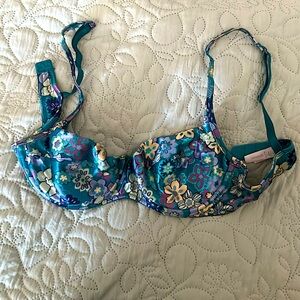 Bluish Green Demi-Bra. Flowery Pattern
